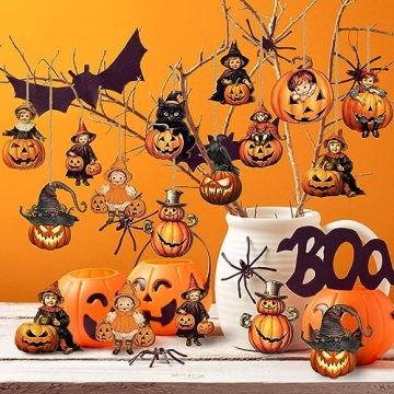 Huwena 36 Pcs Halloween Wood Ornament for Tree Vintage Halloween Ornaments Wooden Halloween Hanging Decorations Pumpkin Witch Black Cat Wood Cutouts with Ropes for Home Party Decor (Black Cat)