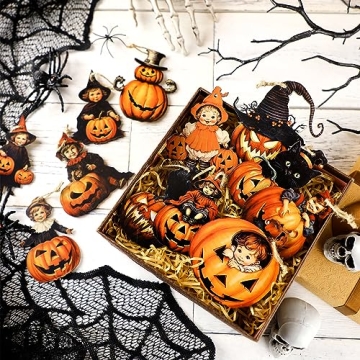Huwena 36 Pcs Halloween Wood Ornament for Tree Vintage Halloween Ornaments Wooden Halloween Hanging Decorations Pumpkin Witch Black Cat Wood Cutouts with Ropes for Home Party Decor (Black Cat)