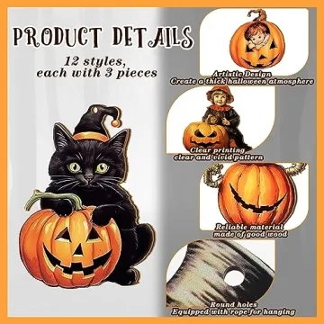 Huwena 36 Pcs Halloween Wood Ornament for Tree Vintage Halloween Ornaments Wooden Halloween Hanging Decorations Pumpkin Witch Black Cat Wood Cutouts with Ropes for Home Party Decor (Black Cat)