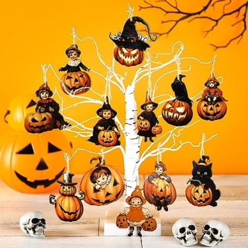 Huwena 36 Pcs Halloween Wood Ornament for Tree Vintage Halloween Ornaments Wooden Halloween Hanging Decorations Pumpkin Witch Black Cat Wood Cutouts with Ropes for Home Party Decor (Black Cat)