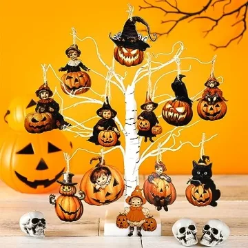 Huwena 36 Pcs Halloween Wood Ornament for Tree Vintage Halloween Ornaments Wooden Halloween Hanging Decorations Pumpkin Witch Black Cat Wood Cutouts with Ropes for Home Party Decor (Black Cat)