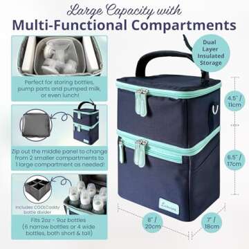 LUXUROO Cool Insulated Breast Milk Cooler Bag with Dual Sections, Non-Toxic, for Day Care Bottles an...