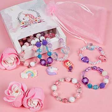 G.C 3 Sets Girl Princess Necklace Bracelet with Colorful Unicorn Mermaid Rainbow Pendant Kids Stretc...