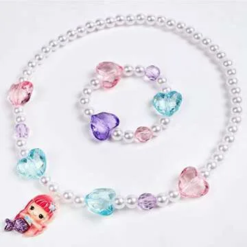 G.C 3 Sets Girl Princess Necklace Bracelet with Colorful Unicorn Mermaid Rainbow Pendant Kids Stretchy Chunky Costume Jewelry Gift Party Favors Dress up Jewelry for Little Girl Toddler(with Gift Box) (A)