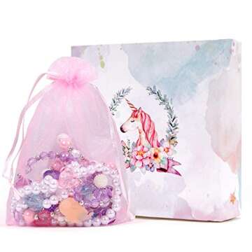 G.C 3 Sets Girl Princess Necklace Bracelet with Colorful Unicorn Mermaid Rainbow Pendant Kids Stretchy Chunky Costume Jewelry Gift Party Favors Dress up Jewelry for Little Girl Toddler(with Gift Box) (A)