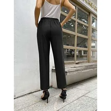 GRACE KARIN Women Casual Work Pants with Pockets Elastic Waist Pants Black S