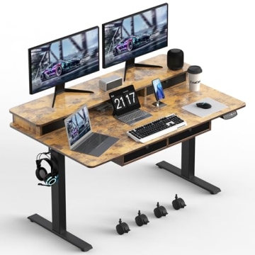 ExaDesk Electric Standing Desk, 63 * 30 Inches Adjustable Height with 4 Drawers, Double Storage Shel...