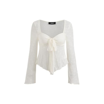 CIDER Lace Square Neck Knotted Long Sleeve Top - Elegant Beige M