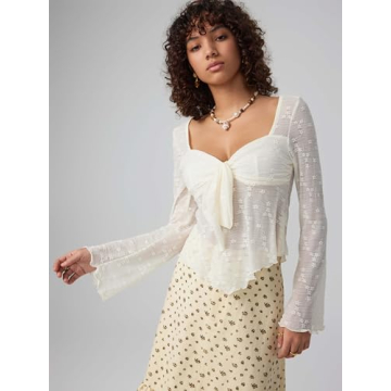 CIDER Lace Square Neck Knotted Long Sleeve Top | Elegant Beige