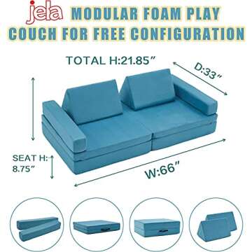 jela Kids Couch Extended Size 8PCS for Family, Floor Sofa Couch Modular Funiture for Kids Adults, Pl...