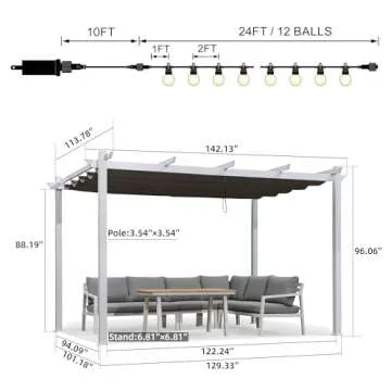 PURPLE LEAF Pergola Retractable Canopy White Pergola Gazebo Patio Metal 10'X 12' Pergola with Outdoor String 24FT Bulbs String Lights for Backyard Deck Garden, Grey