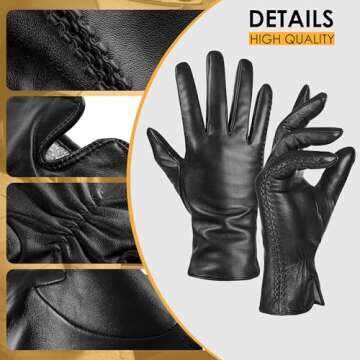 QNLYCZY Genuine Sheepskin Leather Gloves for Women, Winter Warm Touchscreen Texting Cashmere Lined D...