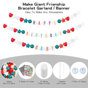 Giant Friendship Bracelet Garland with 50 Plastic Balls,24 PCS Foam Circles for Crafts Kit, Create Vibrant Birthday/Christmas Party Hangings with Star Shaped & Round Balls (Green Red)