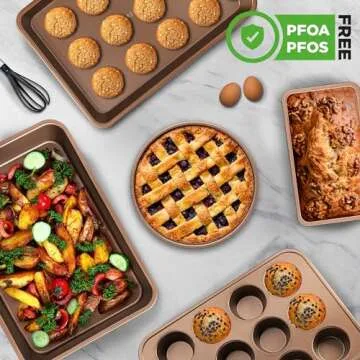 NutriChef 6-Piece Nonstick Bakeware Set, Carbon Steel Baking Pans, Includes Cookie Trays, Wide & Square Bake Pan, Bread Loaf & Round Cake Pan, Muffin Pan - Gold