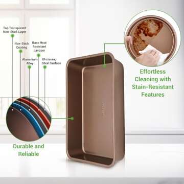 NutriChef 6-Piece Nonstick Bakeware Set, Carbon Steel Baking Pans, Includes Cookie Trays, Wide & Square Bake Pan, Bread Loaf & Round Cake Pan, Muffin Pan - Gold