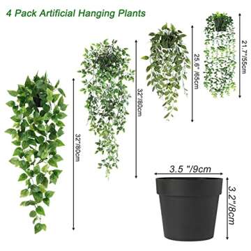 JPSOR Fake Hanging Plants 4 Pack Artificial Hanging Plants Fake Potted Plants, Hanging Eucalyptus Gr...