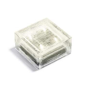 Glass Solar Brick with LED Lights - 4x4 Inch Square, Lined Texture, Warm White, Waterproof, Outdoor Landscape Lighting for Garden, Walkway or Pathway - Rechargeable Solar Powered Batteries Included