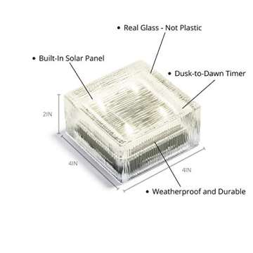 Glass Solar Brick with LED Lights - 4x4 Inch Square, Lined Texture, Warm White, Waterproof, Outdoor Landscape Lighting for Garden, Walkway or Pathway - Rechargeable Solar Powered Batteries Included