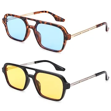 Hycredi Retro 70s Flat Aviator Sunglasses Trendy Vintage Square Glasses for Women Men Metal Design S...