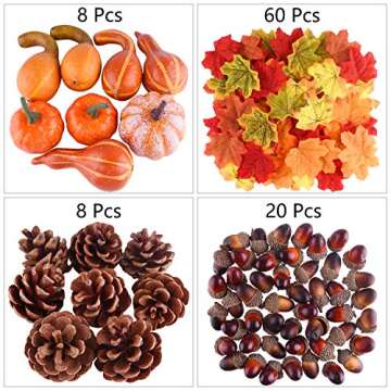 FFEPITO 96 Pcs Fall Thanksgiving Decorations, Mini Artificial Pumpkins, Pine Cones, Fall Leaves, Aco...