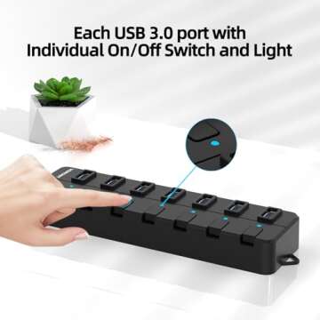 USB hub,7 Port USB 3.0 Hub,VEMONT USB Splitter with Individual On/Off Switches and Lights, 4ft/1.2m ...