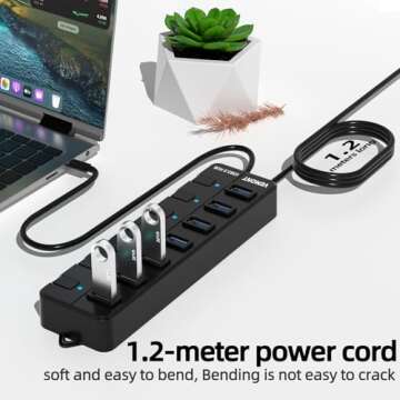 USB hub,7 Port USB 3.0 Hub,VEMONT USB Splitter with Individual On/Off Switches and Lights, 4ft/1.2m USB HUB Long Cable, USB Extension for Laptop and PC Computer