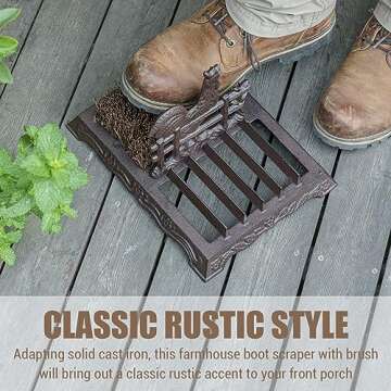 FARM IN Farmhouse Shoe Brush Scraper Outdoor Rustic Heavy Duty Cast Iron Boot Scraper with Brush for Home Porch Garden with Barn Rooster Design