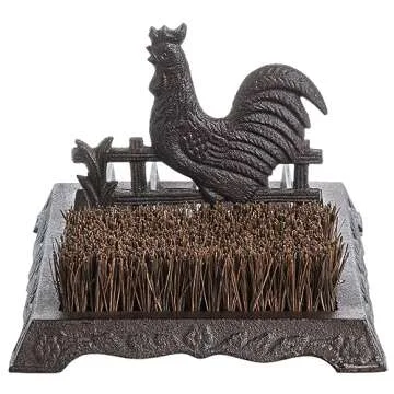 FARM IN Farmhouse Shoe Brush Scraper Outdoor Rustic Heavy Duty Cast Iron Boot Scraper with Brush for Home Porch Garden with Barn Rooster Design