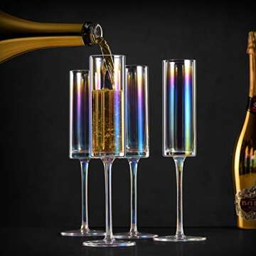 YINUOWEI Champagne Flutes - Luster Iridescent Champagne Glasses, Lead-free Premium Crystal Gifts for Weddings, Anniversaries, Christmas - Set of 4, Colorful