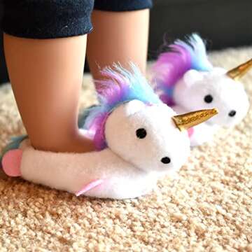 Sophia's Unicorn Slippers with Rainbow Hair and Gold Horn for 18 Inch Dolls, White