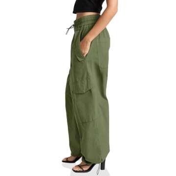 Cicy Bell Womens Wide Leg Cargo Pants Baggy Smocked Waist Fashion Jogger Pants with Pockets Army Gre...