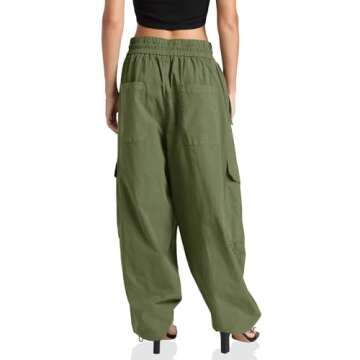 Cicy Bell Womens Wide Leg Cargo Pants Baggy Smocked Waist Fashion Jogger Pants with Pockets Army Green