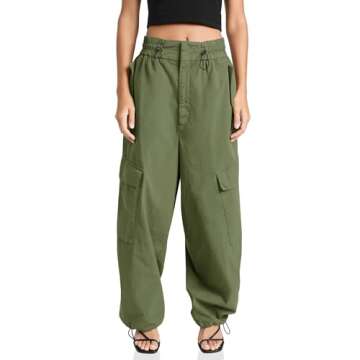 Cicy Bell Womens Wide Leg Cargo Pants Baggy Smocked Waist Fashion Jogger Pants with Pockets Army Green