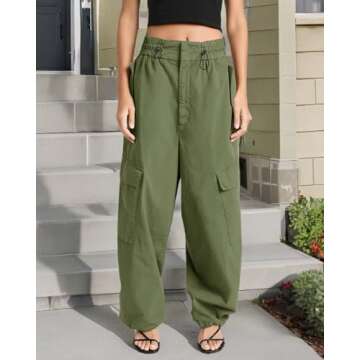 Cicy Bell Womens Wide Leg Cargo Pants Baggy Smocked Waist Fashion Jogger Pants with Pockets Army Green
