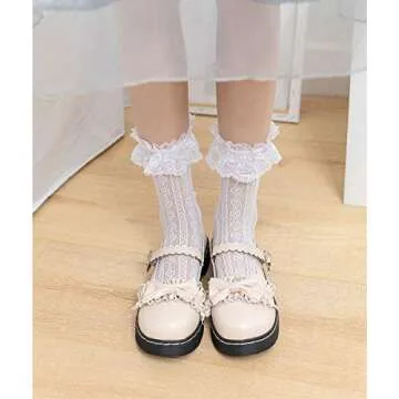 SEMOHOLLI Women Ankle Socks,Fashion Lace Ruffle Frilly Ankle Socks Ladies Girl Princess Campus Dance Socks (3 Pairs-white)