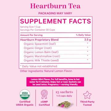 Pink Stork Heartburn Tea: Lemon Mint, 100% Organic, Heartburn Pregnancy Relief + Reduce Indigestion + Acid Reflux, Women-Owned, 30 Cups, Packaging May Vary