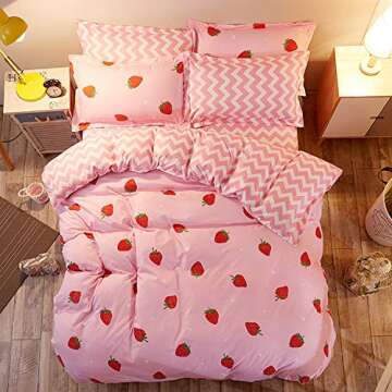 Kawaii Bedding, Pink Strawberry Decor Comforter Cover Set, for Women Girls Kids Kawaii Room Decor, C...