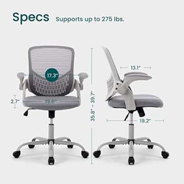 Office Chair, Desk Chairs Mesh Computer Desk Chair with Wheels Ergonomic Office Chair Height Adjustable Swivel Task Chair with Mid Back, 90° Flip-up Arms and Lumbar Support, Grey