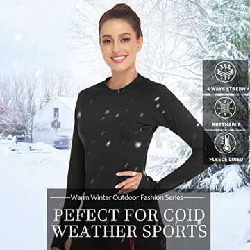 Soneven Long Sleeve Thermal Shirts for Women Fleece Lined Running Shirt Quick Dry Workout Tops for Women Compression Shirt with Thumb Holes Solid Black