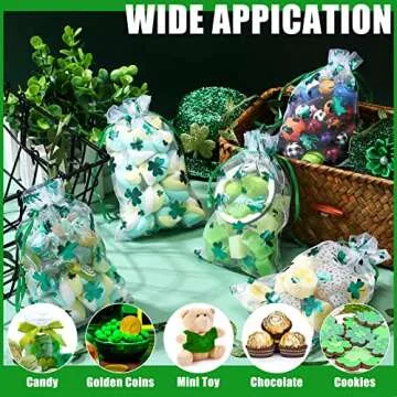 Amylove 100 Pcs St. Patrick's Day Organza Bags Shamrock Drawstring Pouches Small Jewelry Bags Irish ...
