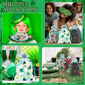 Amylove 100 Pcs St. Patrick's Day Organza Bags Shamrock Drawstring Pouches Small Jewelry Bags Irish Mesh Bags for Chocolate Candy Gold Coins Gifts Party Favor Supplies Bags(4 x 6 Inch)
