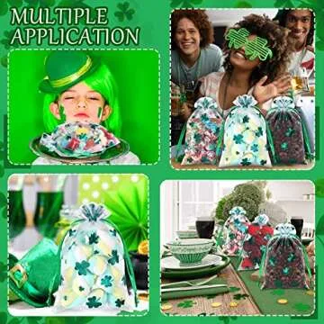 Amylove 100 Pcs St. Patrick's Day Organza Bags Shamrock Drawstring Pouches Small Jewelry Bags Irish Mesh Bags for Chocolate Candy Gold Coins Gifts Party Favor Supplies Bags(4 x 6 Inch)