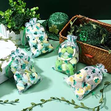 Amylove 100 Pcs St. Patrick's Day Organza Bags Shamrock Drawstring Pouches Small Jewelry Bags Irish Mesh Bags for Chocolate Candy Gold Coins Gifts Party Favor Supplies Bags(4 x 6 Inch)
