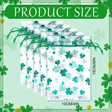 Amylove 100 Pcs St. Patrick's Day Organza Bags Shamrock Drawstring Pouches Small Jewelry Bags Irish Mesh Bags for Chocolate Candy Gold Coins Gifts Party Favor Supplies Bags(4 x 6 Inch)