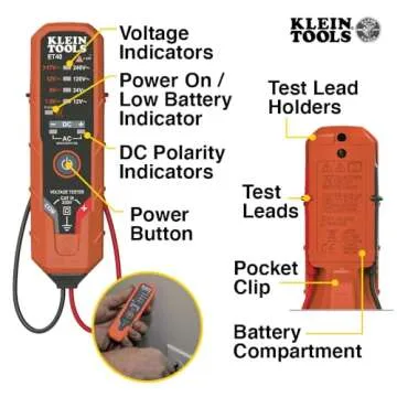 Klein Tools ET40 Digital AC/DC Voltage Tester, 12-240V AC, 1.5-24V DC, LED Illumination, DC Polarity, Auto Off, CATIII 250V-Class 2- Double Insulation, IP4 Dust and Water Resistant