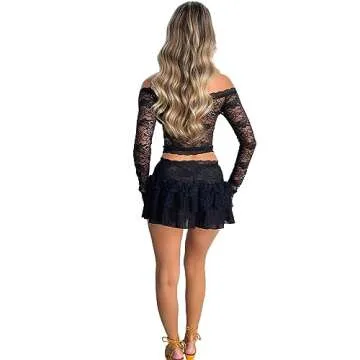 Trendy Women's Y2K Lace Mini Skirt Set for Night Out