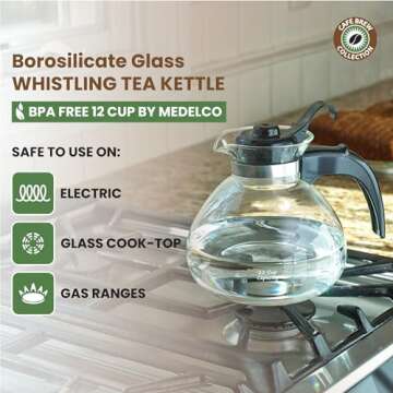 Borosilicate Glass Stove Top Whistling Tea Kettle - 12 Cup/48oz Capacity - BPA-Free - German Made Glass Kettle for Gas, Electric, and Glass Ranges