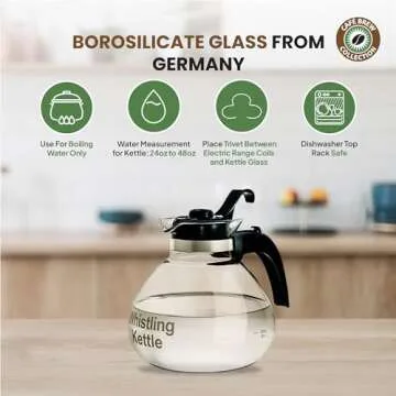 Borosilicate Glass Stove Top Whistling Tea Kettle - 12 Cup/48oz Capacity - BPA-Free - German Made Glass Kettle for Gas, Electric, and Glass Ranges