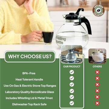 Borosilicate Glass Stove Top Whistling Tea Kettle - 12 Cup/48oz Capacity - BPA-Free - German Made Glass Kettle for Gas, Electric, and Glass Ranges