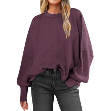 ANRABESS Women Crewneck Batwing Long Sleeve 2024 Fall Oversized Side Slit Ribbed Knit Pullover Sweat...